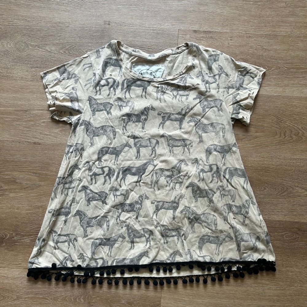 NWOT A Rare Bird Handmade Horse Print Pom Pom Trim Distressed T-Shirt Top Small